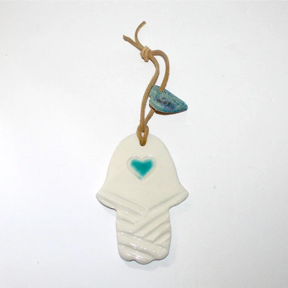 Hamsa Wall Ornament white ceramic Studio pottery blue heart boho decor